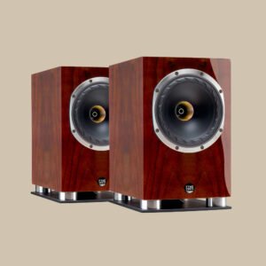 Två F500SP hi-fi-högtalare med blankt trä, djärva cirkulära element och eleganta metalldetaljer sitter sida vid sida, redo att rocka loss.