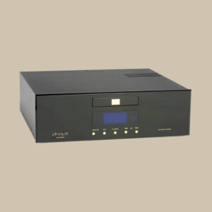 CD 5.1X, en elegant svart spelare med digital display och kontroller, sitter redo att spela låtar mot en enkel beige bakgrund.