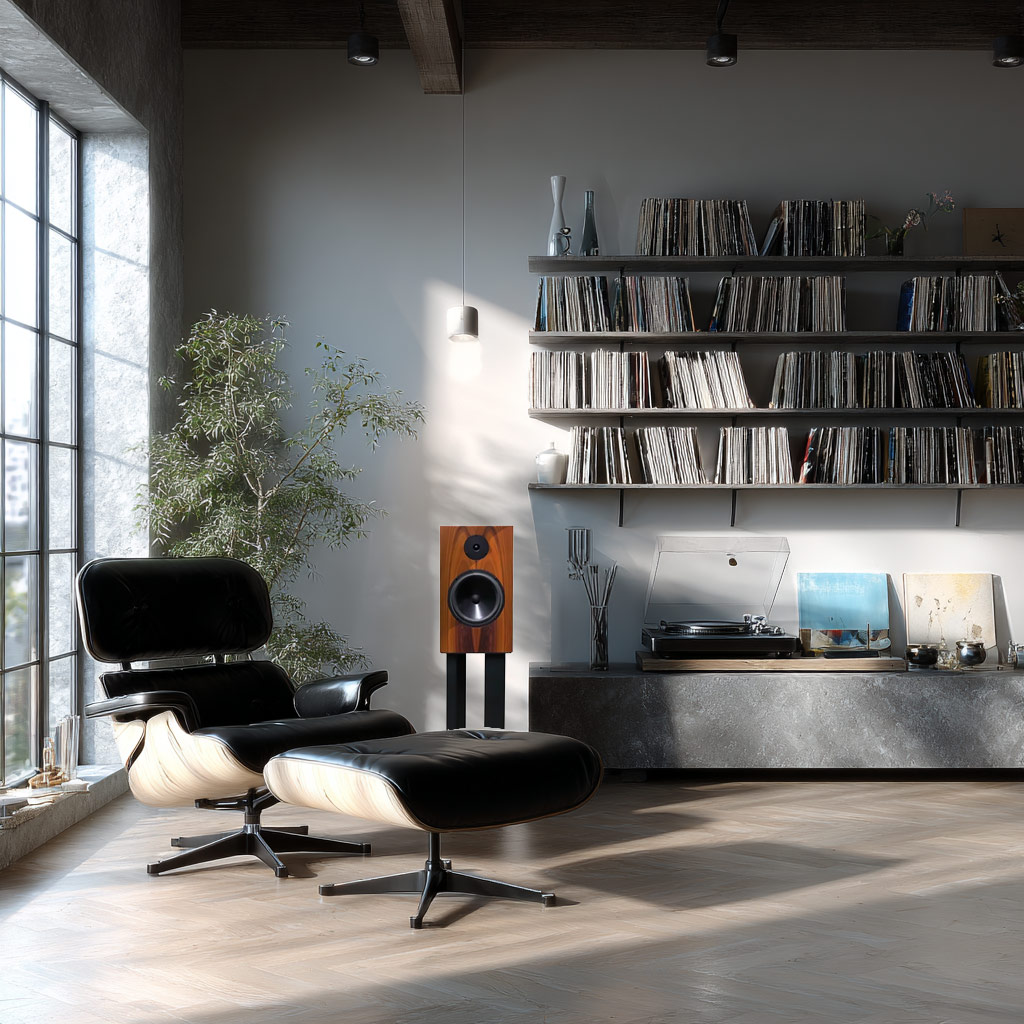 Ett solbelyst vardagsrum med en Eames-fåtölj, hyllor med vinylskivor, en skivspelare, en högtalare i trä och musik i luften.