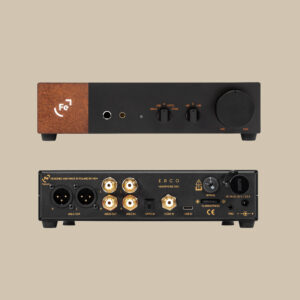 Fram- och baksida av Erco Gen 2 hi-fi i elegant svart och brunt, med snygg väljare, smidig volym, XLR/RCA/USB-portar och likströmsförsörjning.