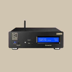 Elegant svart Ebravo-streamer, display som lyser med Ethernet 16Bit-44,1kHz, volymnivåer, knappar, portar och bakre antenn - musikglädje!.