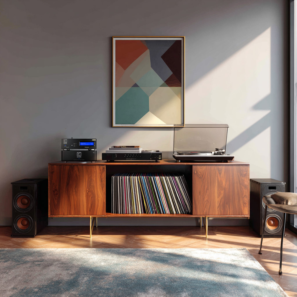 En konsol från mitten av århundradet fullproppad med vinylskivor, högtalare, en skivspelare och andra prylar står under djärv konst, medan solljuset strålar in från höger.