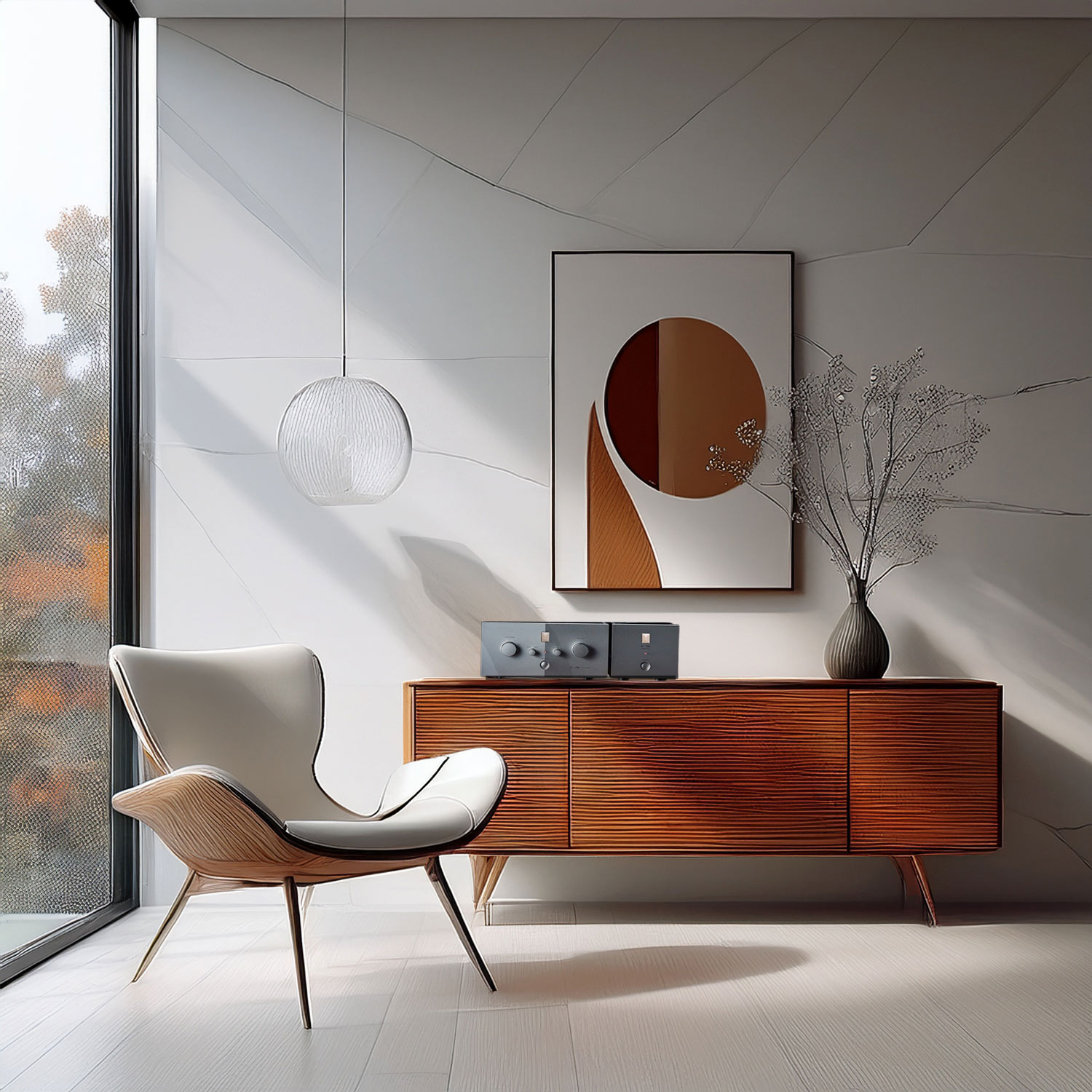 kondo Ett elegant, minimalistiskt vardagsrum med en skänk i trä, vinylvänliga vibbar, abstrakt konst och en höstutsikt som är perfekt för spellistor.