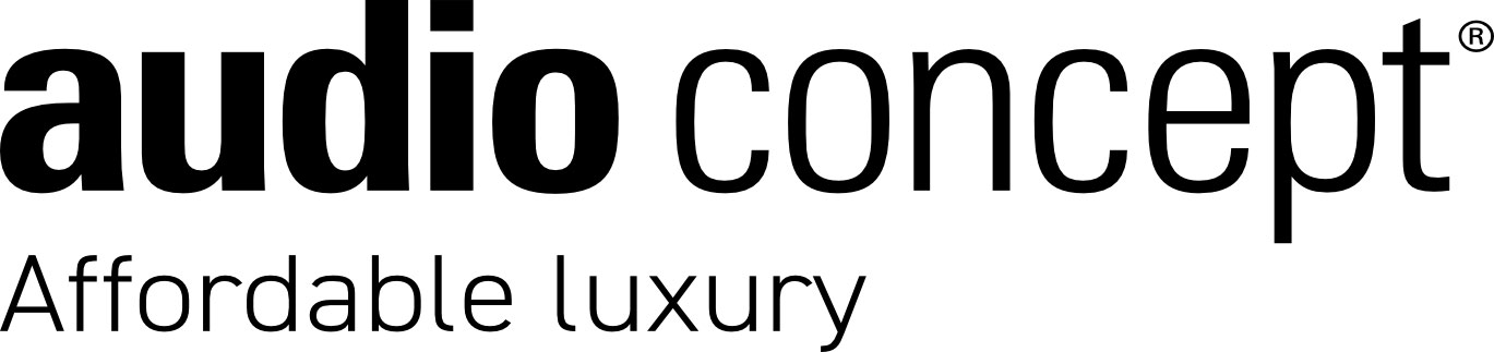 En elegant logotyp för ljudkonceptet ligger ovanför taglinen "Affordable luxury", allt i skarp svart sans-serif på en vit duk - ren harmoni.