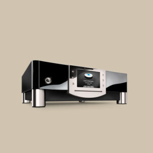 N31, en fantastisk hifi-pärla i svart och silver, visar "Live in Tempeh" på skärmen och är redo att strömma låtar på en beige bakgrund.