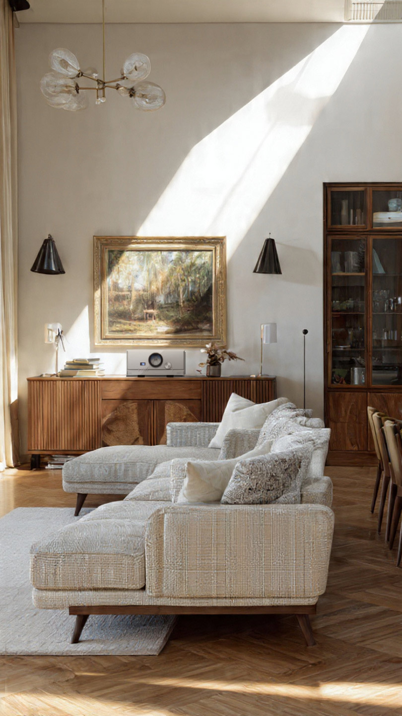 Ett solbelyst, mysigt vardagsrum med två beige soffor - perfekta för att jamma - moderna svarta vägglampor och ett trägolv som är som noter.