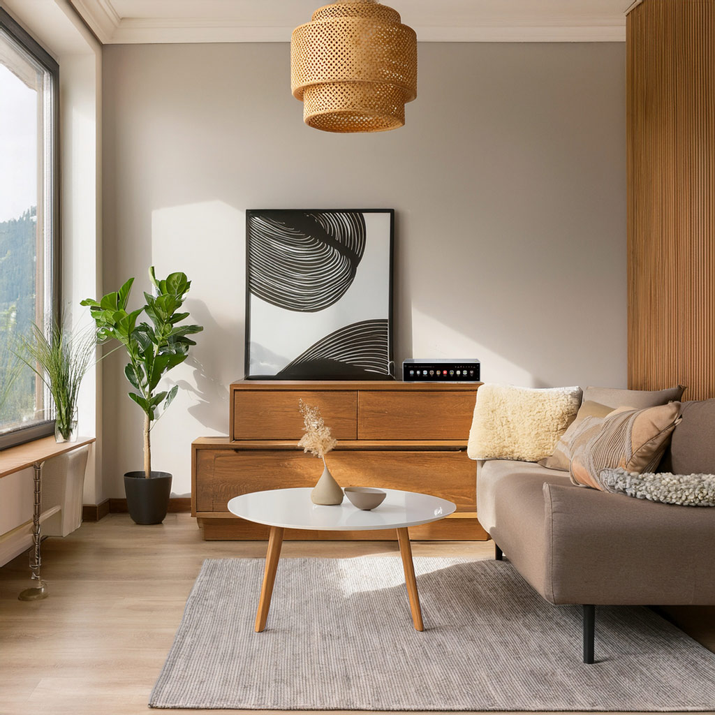 roseroom Ett modernt vardagsrum med en beige soffa, ett runt bord, en grå matta, en träskänk, en krukväxt, konst och rytmiskt solljus.