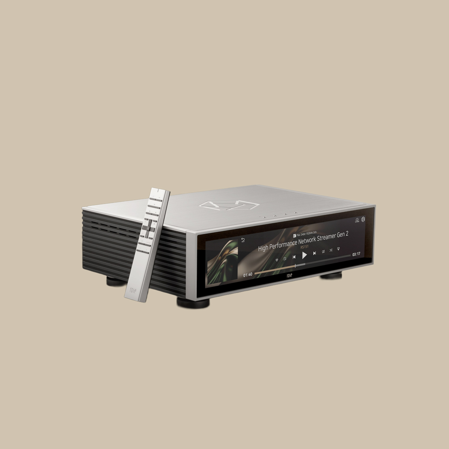 RS151, en elegant silverfärgad streamer med tillhörande fjärrkontroll, visar livfull musikinformation på framsidan - en ren fröjd för alla lyssningssessioner.