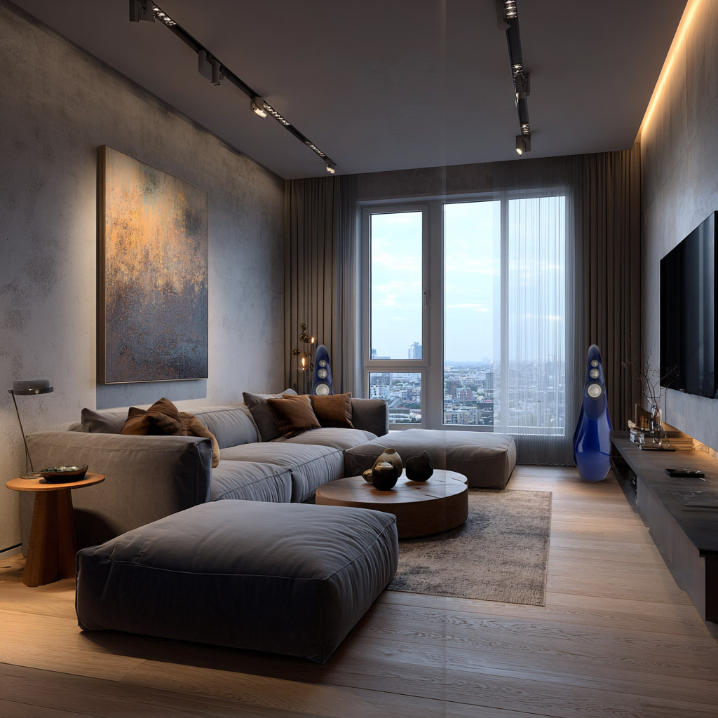 Vivid-Audio-Moya-M1-livingroom.jpg.bv Ett modernt vardagsrum med en grå sektionssoffa, skivinspirerad väggkonst, TV, soffbord, utsikt över staden och varm, avslappnad belysning.