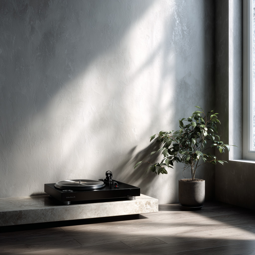 En elegant svart skivspelare vilar på en stenhylla vid en bladväxt och solar sig i solljuset medan vinylmagin fyller det minimalistiska, mysiga rummet.