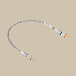 Professional USB 2.0 Hi-Speed-kabeln har silverflätor och guldpläterade ändar som är redo att ansluta dina beats på en beige scen.