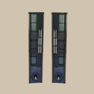 Two tall black audio speakers on beige background.