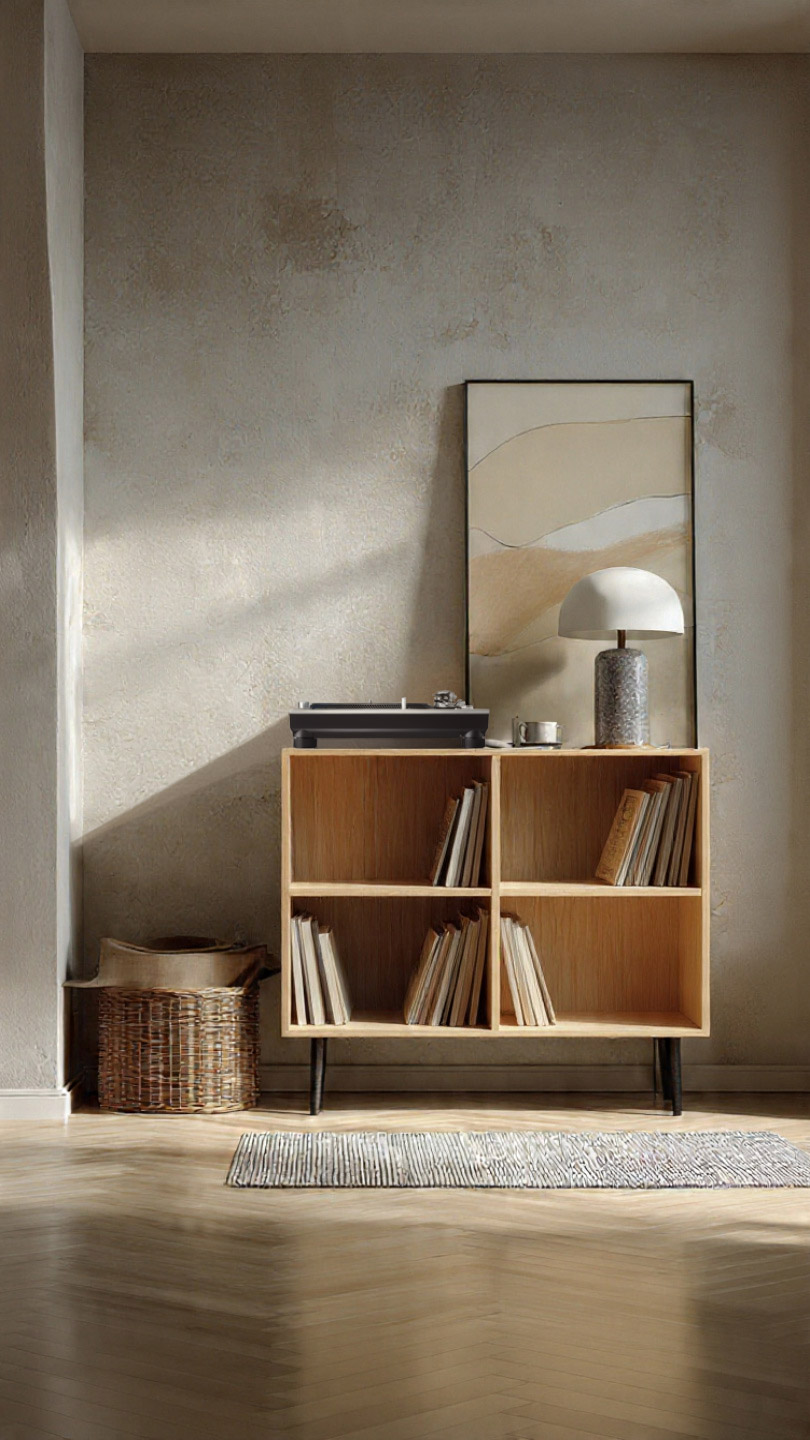 Ett träskåp fyllt med vinylalbum, en skivspelare och en varm lampa inbjuder till lyssning; musikvibbar fyller denna minimalistiska oas.