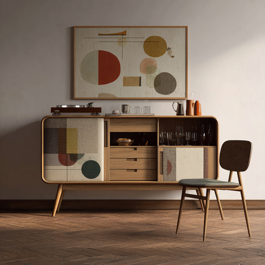 En skänk från mitten av århundradet med rytmiska geometriska dörrar, toppad med glas och en karaff, sitter under livlig abstrakt konst; en stol väntar i närheten på trägolvet.