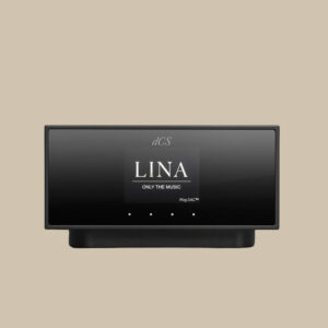 En slående svart Lina Stativhögtalare, vars display lyser "ONLY THE MUSIC" och "Ring DAC™", utlovar rent ljud mot en beige bakgrund.