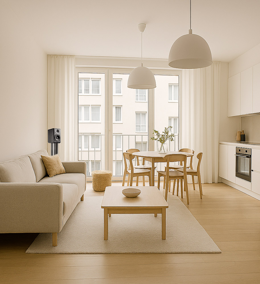 Fischer & Fischer Ett ljust, minimalistiskt utrymme skapar ett harmoniskt ackord - ljusa trämöbler, beige soffa, matgrupp, pendellampor, fönster med flödande rytm.