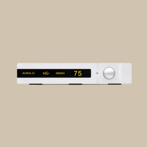 Auralic Vega, en elegant silverfärgad DAC med vibrerande "AURALIC", "DSD64" och volym på displayen, lockar musikälskare att lyssna.