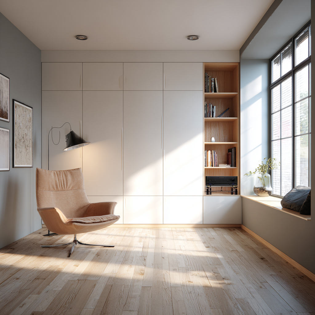 Esseci Design Ett soligt rum med en solbrun fåtölj, hyllor med böcker och vinylskivor, en mysig fönsterplats, ljusa trägolv och avslappnad konst.