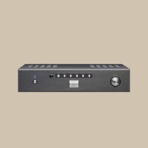 Black vintage audio amplifier front view.