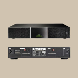 Naim Audio NAP 250 har en elegant svart front med glänsande beckoner och bakre portar som är redo att driva ren musikalisk lycka.