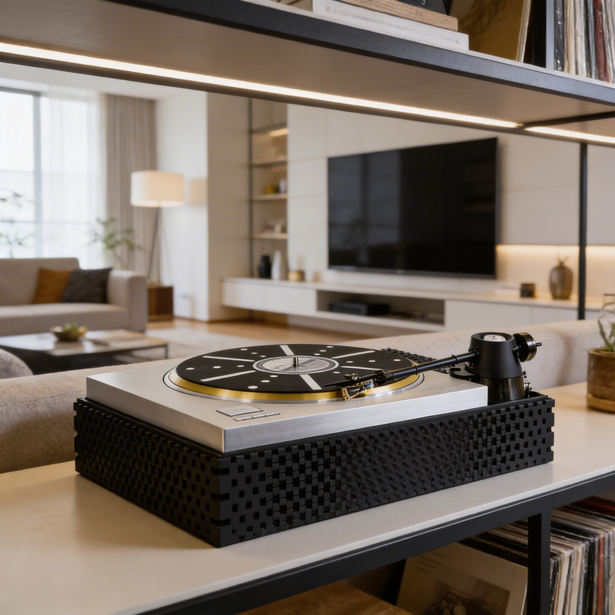 En elegant skivspelare i svart och silver står under hyllor med vinylprylar och böcker och inbjuder till musiksessioner i ett avslappnat vardagsrum.