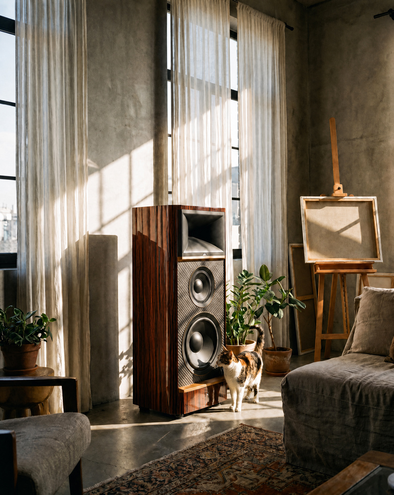 JBL MAKALU En calicokatt ligger bredvid en vintagehögtalare i trä i ett ljust rum med höga fönster och växter som ger ett mjukt och soligt intryck.