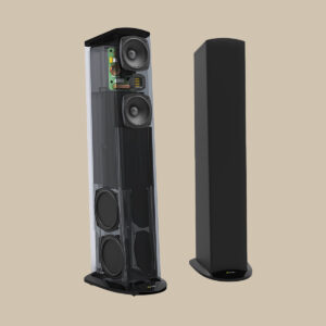 Ett par GoldenEar Triton Five-högtalare – den ena med sina högtalarelement i full synlighet, den andra elegant dold i ren ljudelegans.