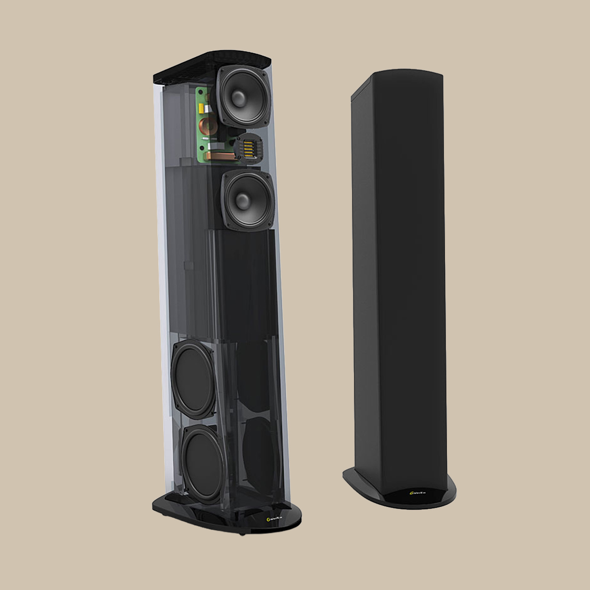 Ett par GoldenEar Triton Five-högtalare – den ena med sina högtalarelement i full synlighet, den andra elegant dold i ren ljudelegans.