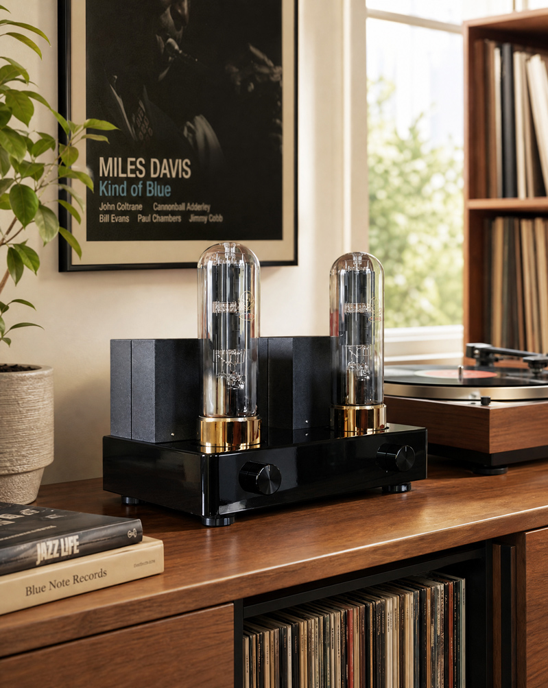 En elegant rörförstärkare står på en trähylla bredvid en skivspelare, vinylskivor och en växt, med en tavla föreställande Miles Davis album *Kind of Blue* ovanför.