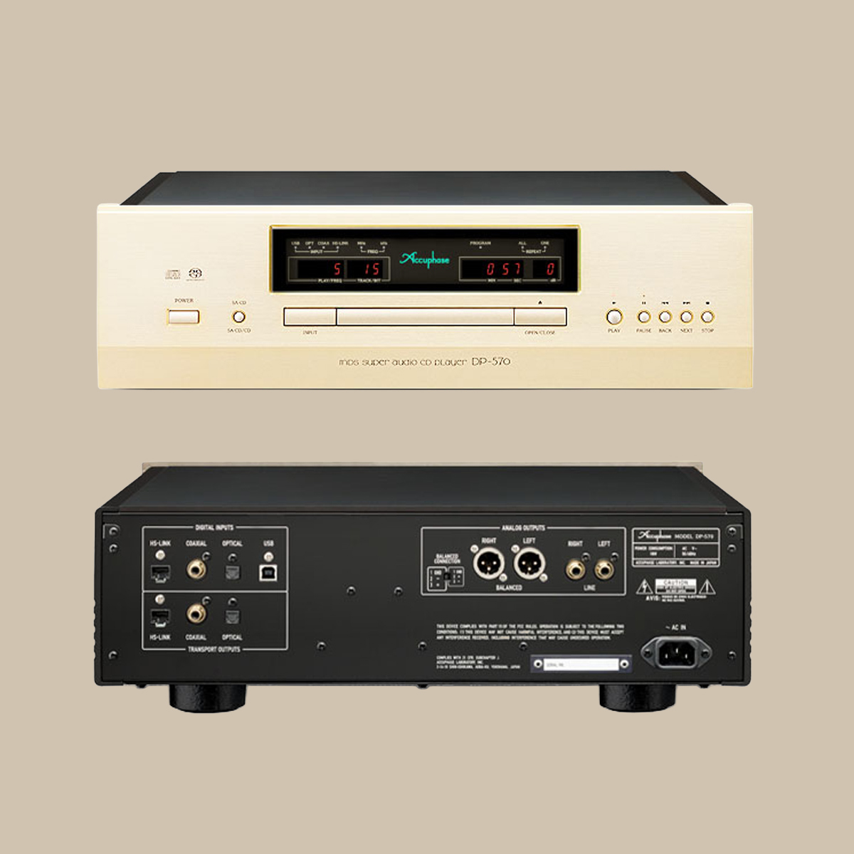 Fram- och bakifrånbilder av CD-spelaren Accuphase DP-570, som visar upp sin fantastiska guldfärgade frontpanel med skarpa digitala displayer – ren lyx för alla hi-fi-entusiaster. Den svarta bakpanelen är fullspäckad med in- och utgångar, redo att anslutas till ditt system för en enastående lyssningsupplevelse.