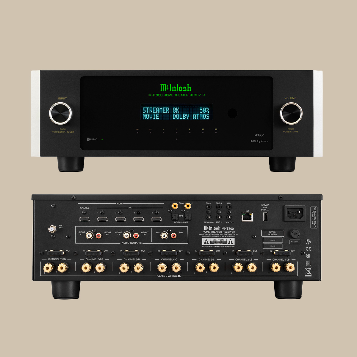 Fram- och baksidan av McIntosh MHT300-ljudreceivern, som visar den eleganta digitala displayen på frontpanelen och en rad in- och utgångar, högtalaranslutningar och mångsidiga anslutningsmöjligheter på baksidan – perfekt för att ansluta din favoritutrustning och förlora dig i högkvalitativt ljud.