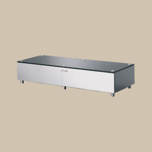 Spectral JRS120 är ett elegant, modernt skåp i silver med en svart glasplatta – perfekt för vinylstaplar – som vilar på korta metallben.